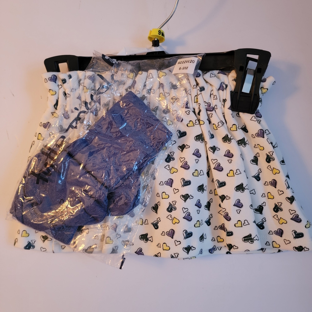 Tutto Piccolo Heart Pattern Matching Set - White Blue Tights Skirt 9 Months